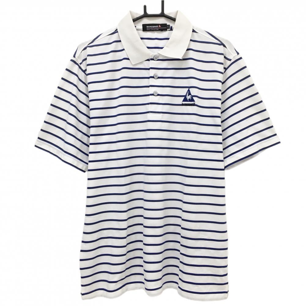 ルコックゴルフ 半袖ポロシャツ 白×ネイビー×黒 ボーダー 胸ロゴ  メンズ L ゴルフウェア le coq sportif