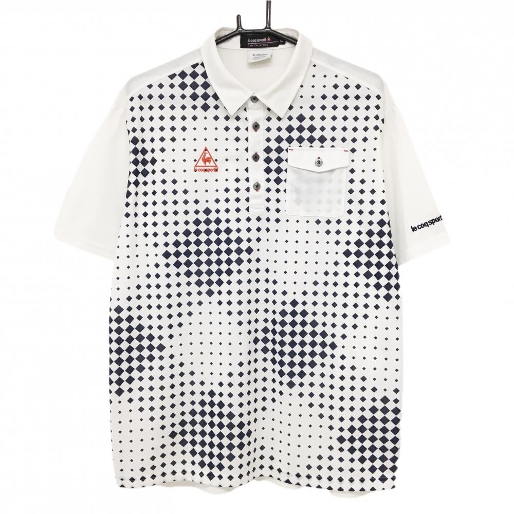 【美品】ルコックゴルフ 半袖ポロシャツ 白×ネイビー 前身頃柄 胸ポケット  メンズ LL ゴルフウェア le coq sportif