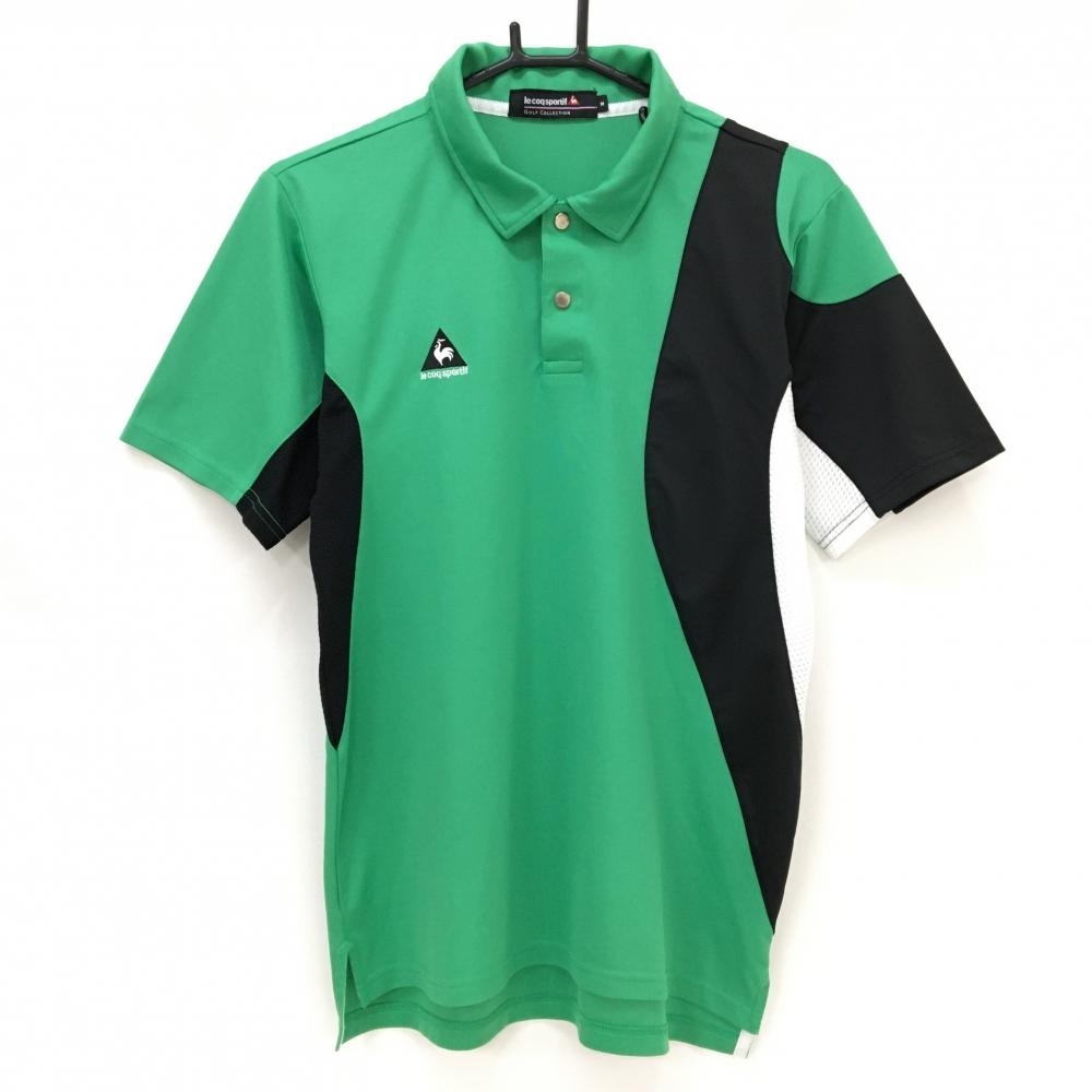ルコックゴルフ 半袖ポロシャツ グリーン×黒 スナップボタン ロゴ刺しゅう メンズ M ゴルフウェア le coq sportif