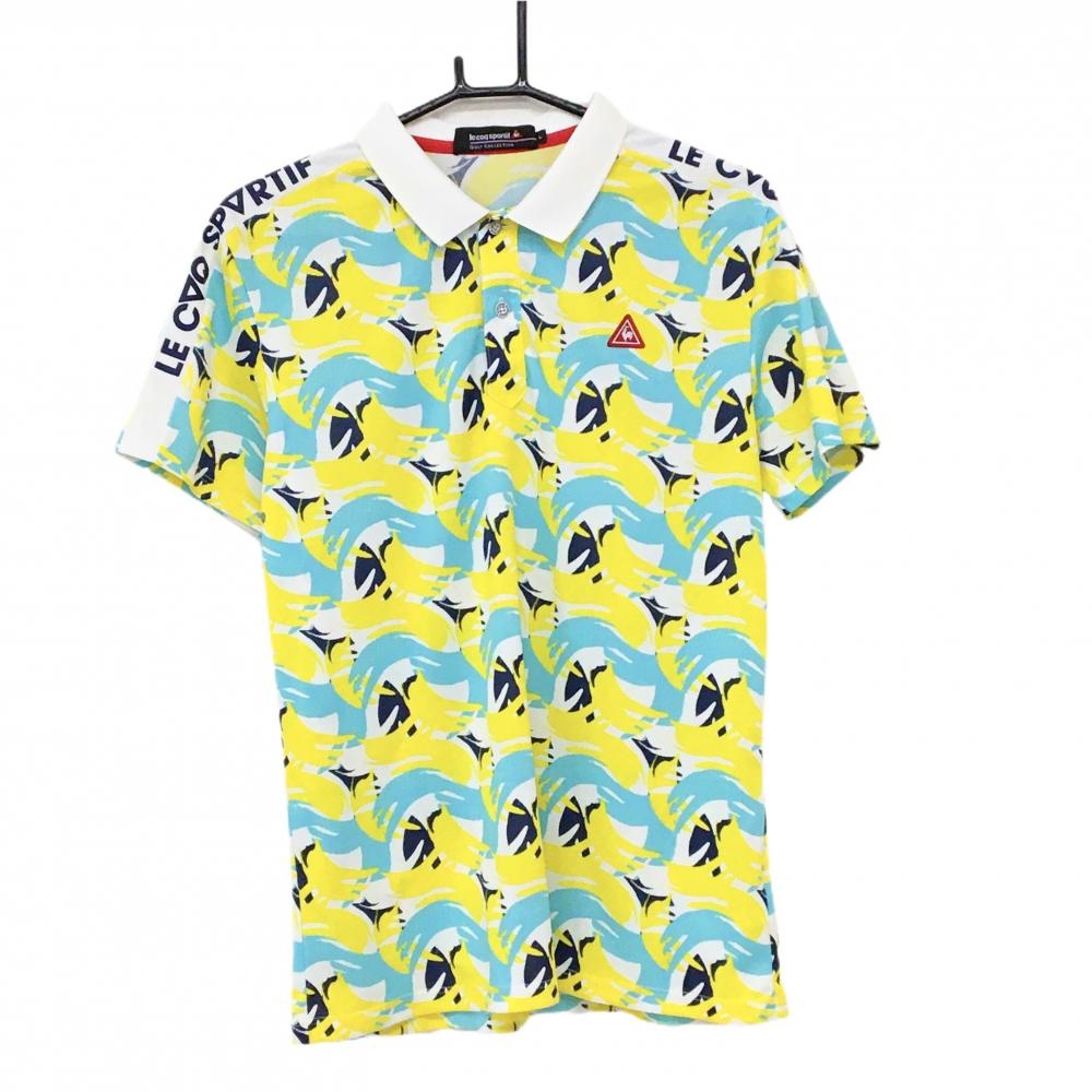 ルコックゴルフ 半袖ポロシャツ 白×イエロー×ライトブルー 総柄 胸ロゴ メンズ L ゴルフウェア le coq sportif