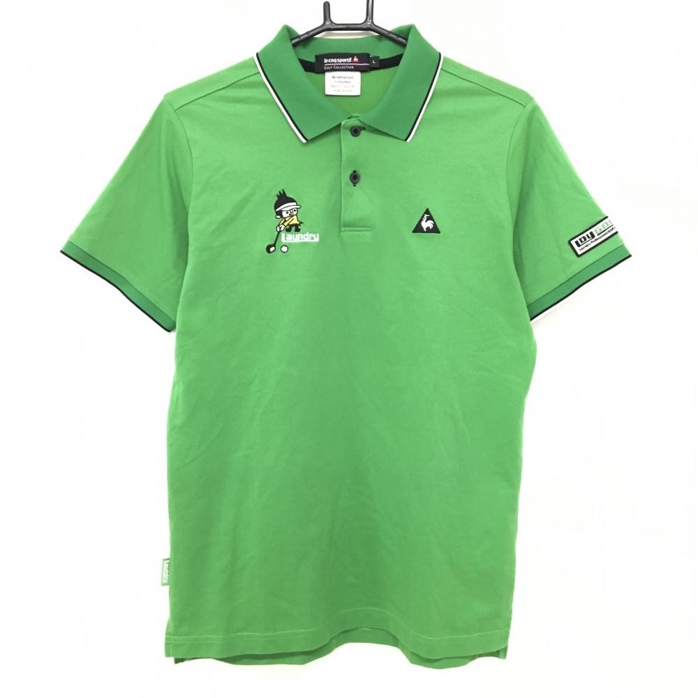 ルコックゴルフ 半袖ポロシャツ グリーン×黒×白 LAUNDRY ロゴ刺しゅう メンズ L ゴルフウェア le coq sportif