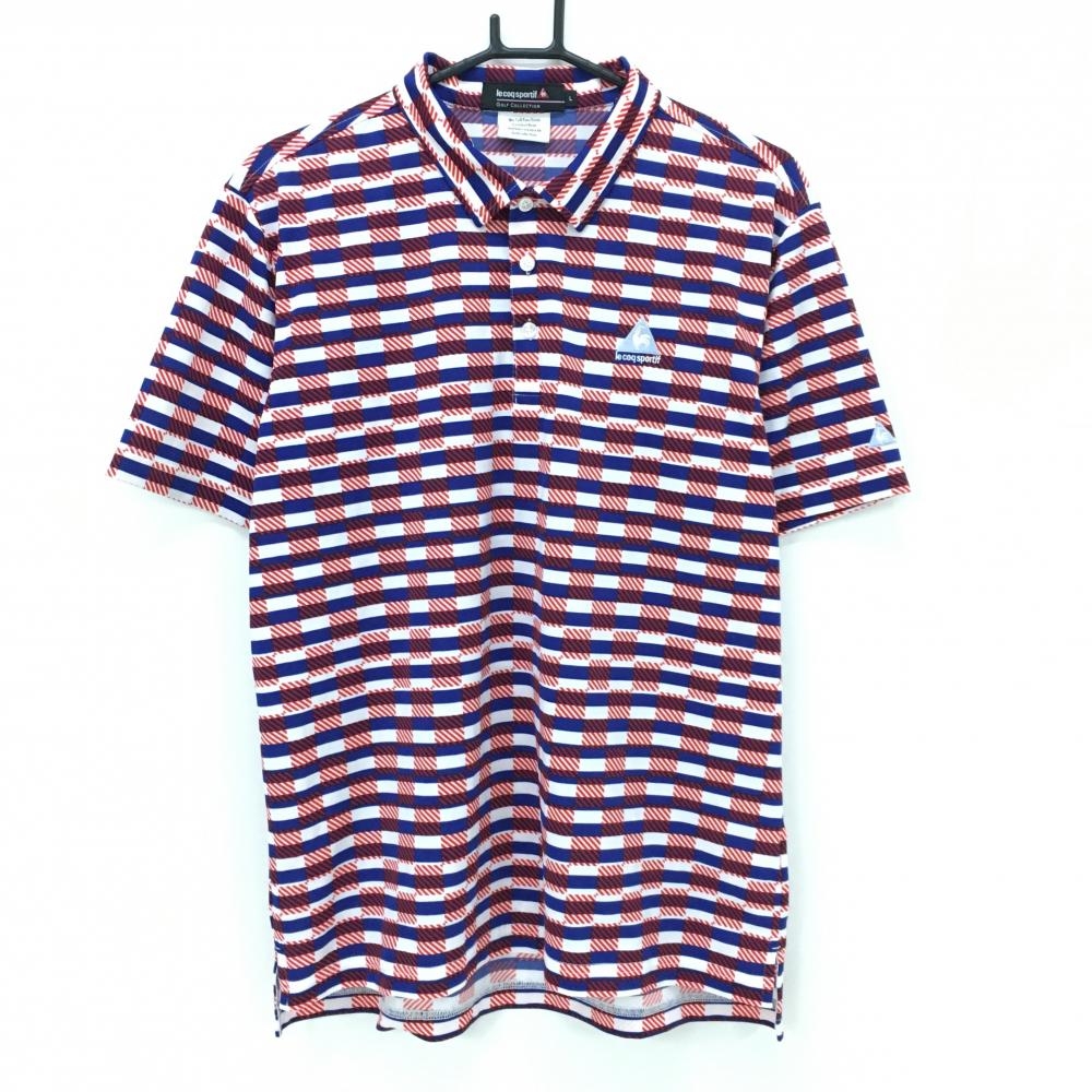 【美品】ルコックゴルフ 半袖ポロシャツ 白×ネイビー×レッド 総柄 胸ロゴ刺しゅう メンズ L ゴルフウェア le coq sportif