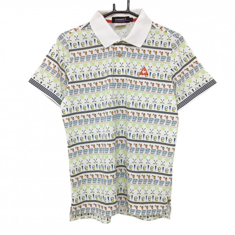 【超美品】ルコックゴルフ 半袖ポロシャツ 白×マルチカラー 総柄 胸ロゴ刺しゅう メンズ L ゴルフウェア le coq sportif