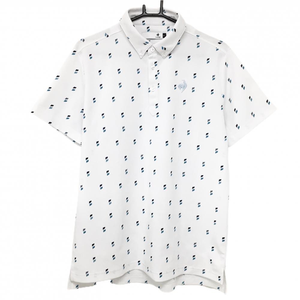 【美品】ルコックゴルフ 半袖ポロシャツ 白×ネイビー 総柄 ボタンダウン メンズ LL ゴルフウェア le coq sportif