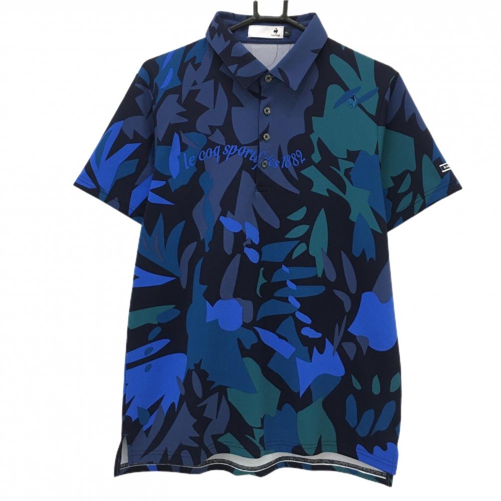 【超美品】ルコックゴルフ 半袖ポロシャツ ネイビー×グリーン 総柄  メンズ LL ゴルフウェア le coq sportif