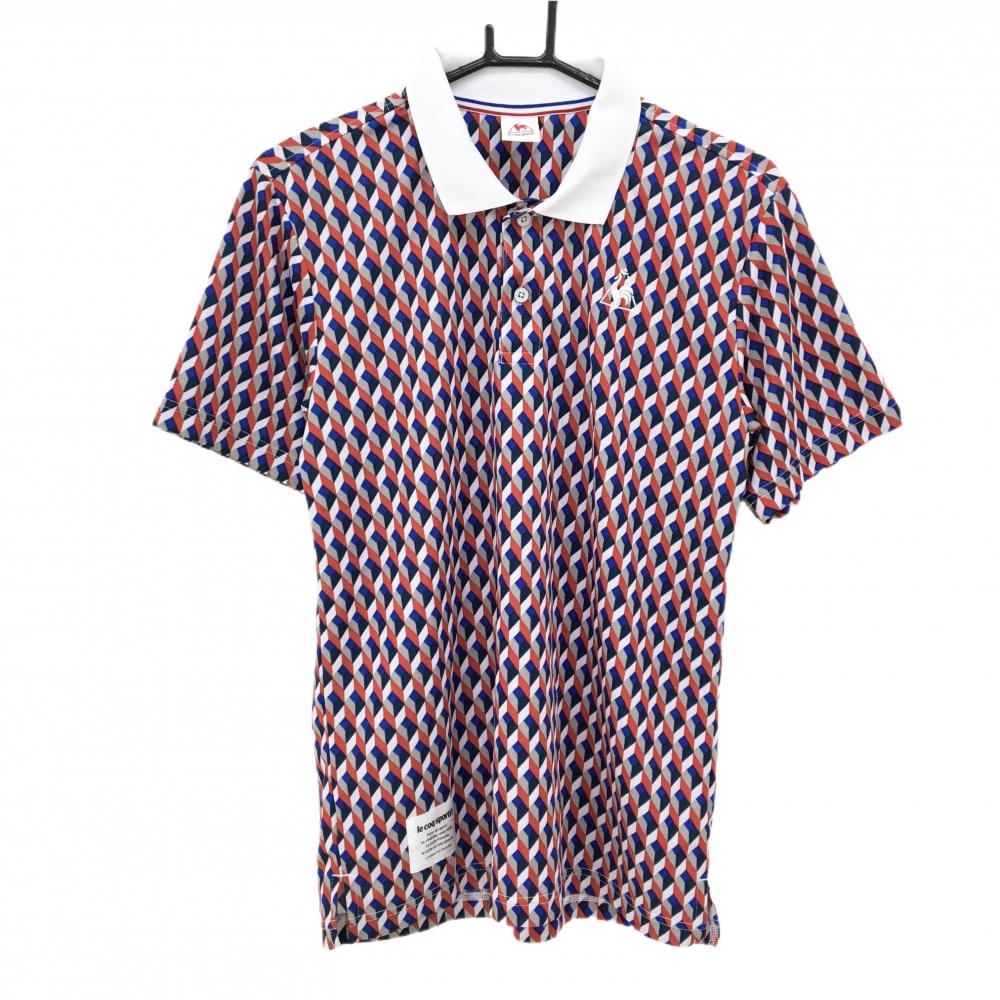 【超美品】ルコック 半袖ポロシャツ レッド×白×ネイビー 総柄 ロゴ刺しゅう メンズ L ゴルフウェア le coq sportif