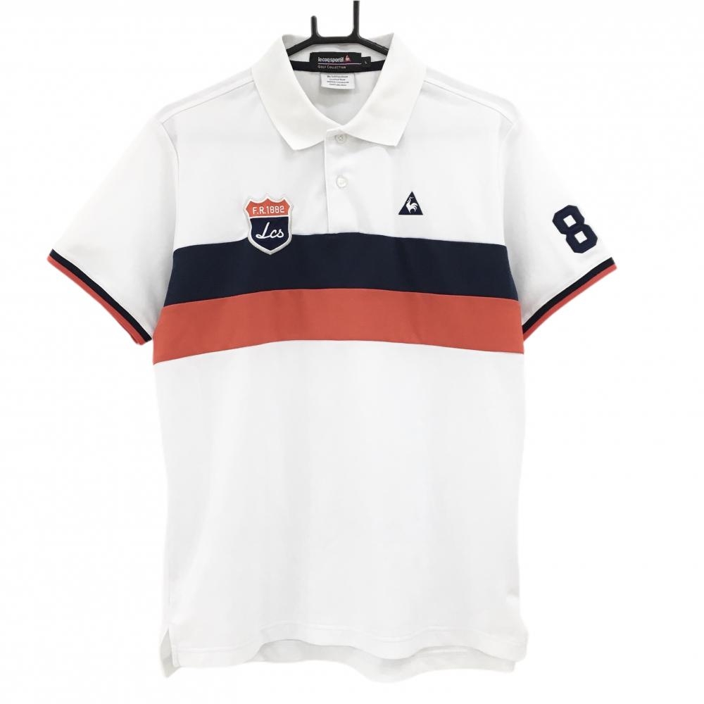 【美品】ルコックゴルフ 半袖ポロシャツ 白×ネイビー 胸元ロゴ メンズ L ゴルフウェア le coq sportif