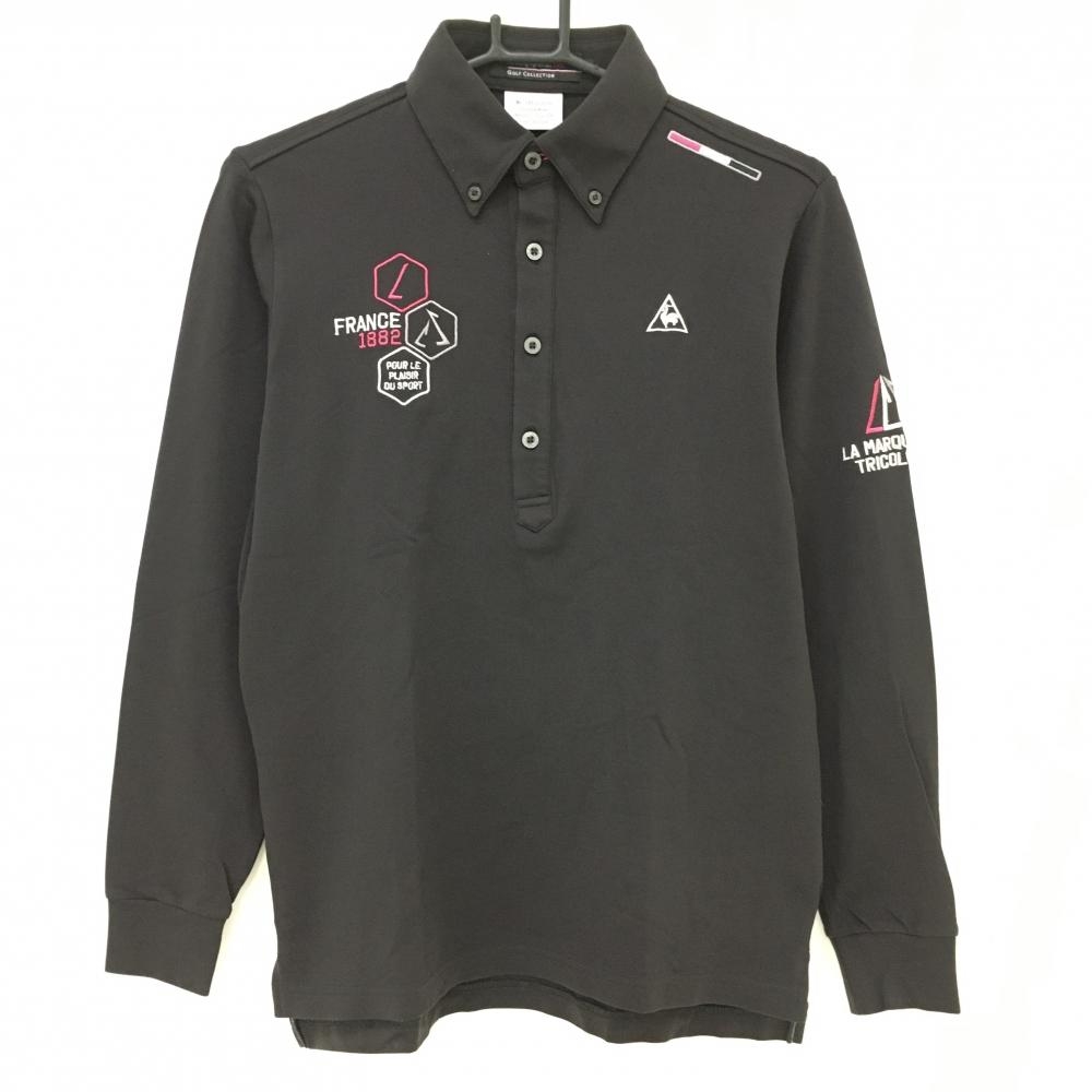 【美品】ルコック 長袖ポロシャツ 黒×白 ロゴ刺しゅう ボタンダウン メンズ M ゴルフウェア le coq sportif