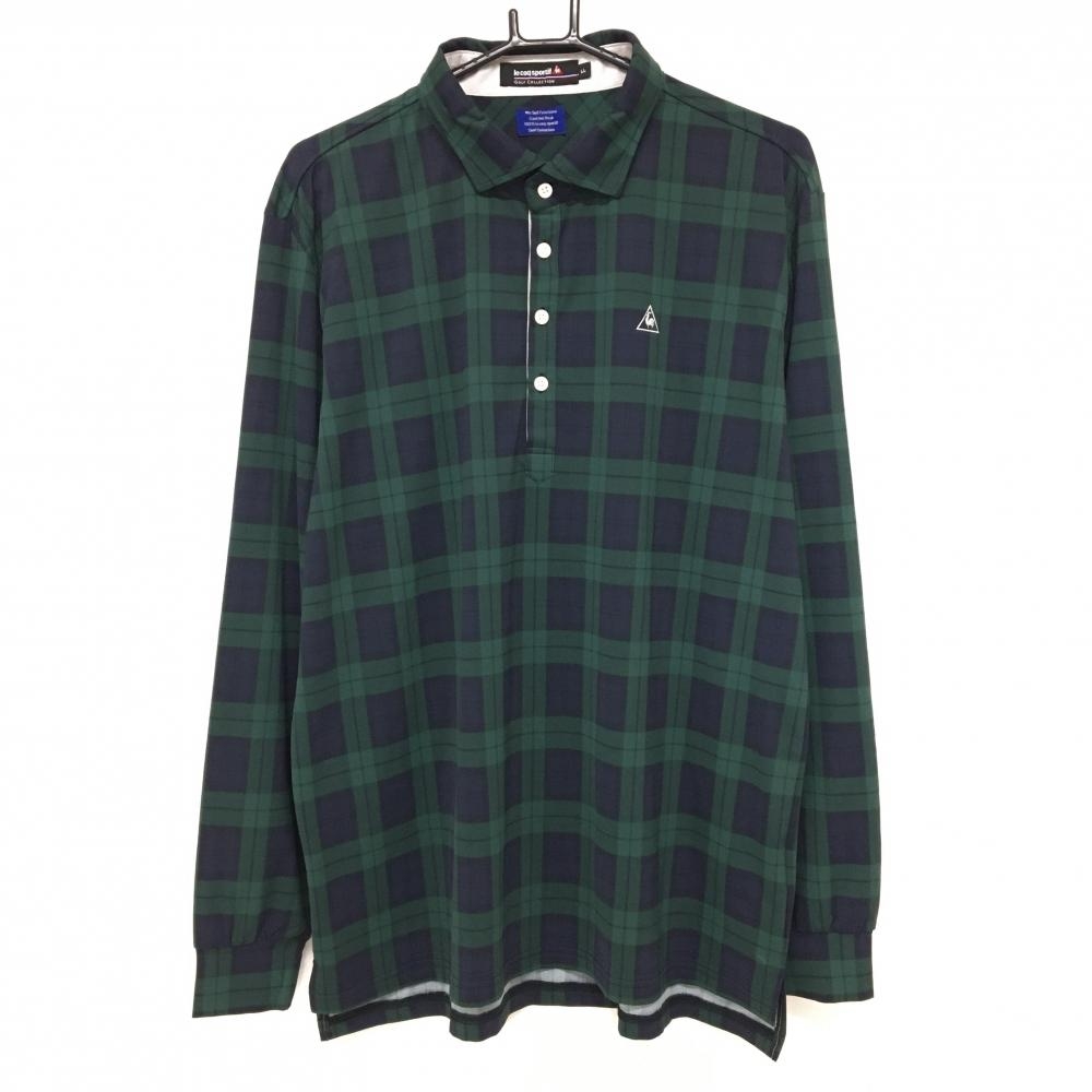 【美品】ルコックゴルフ 長袖ポロシャツ グリーン×ネイビー チェック柄 メンズ LL ゴルフウェア le coq sportif