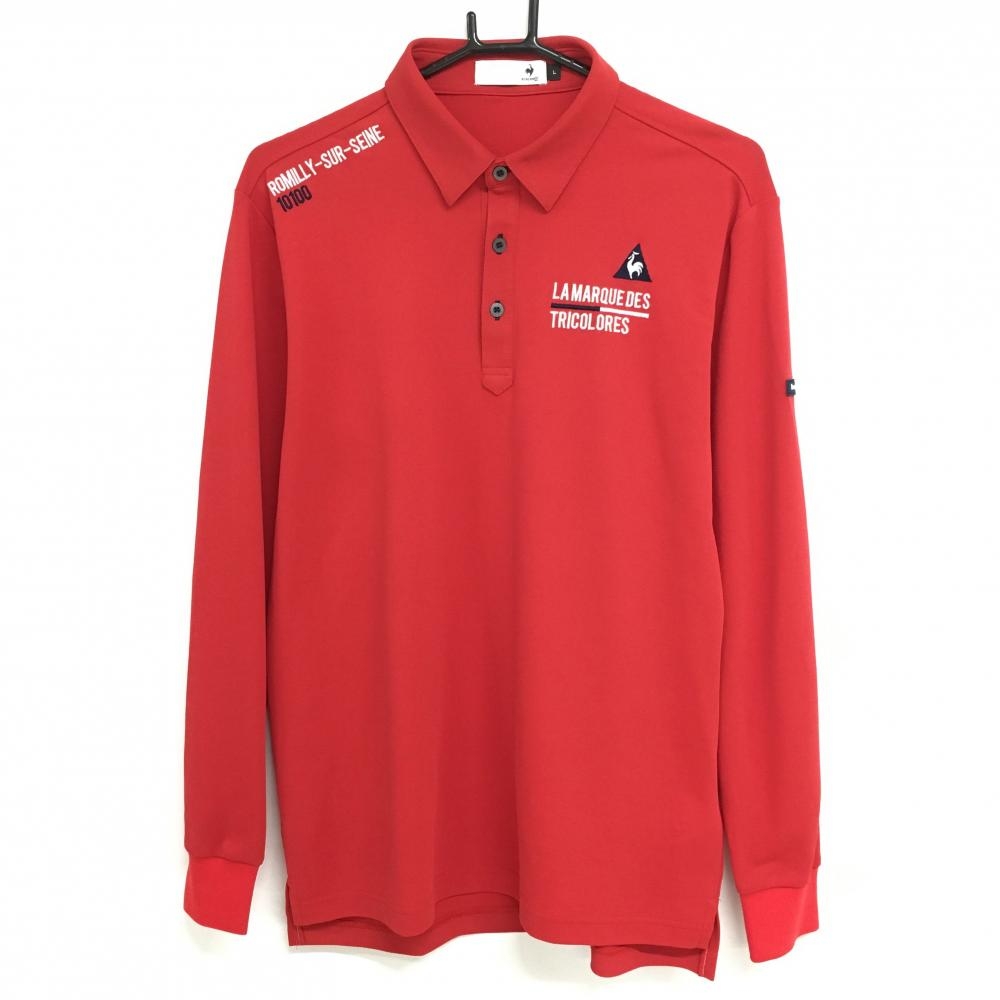 【美品】ルコックゴルフ 長袖ポロシャツ レッド×白 ロゴ刺しゅう 袖ワッペン  メンズ L ゴルフウェア le coq sportif