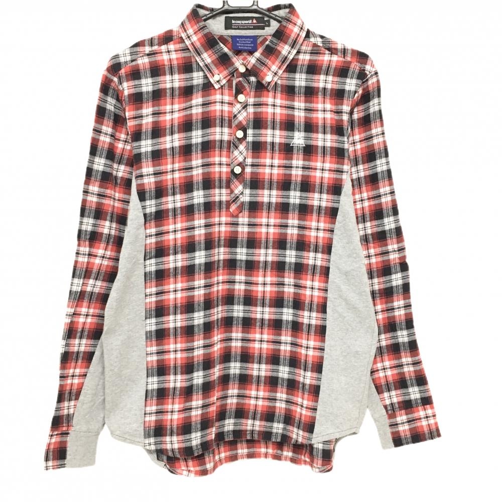 【美品】ルコックゴルフ 長袖ポロシャツ レッド×黒 チェック ボタンダウン サイドグレー  メンズ L ゴルフウェア le coq sportif