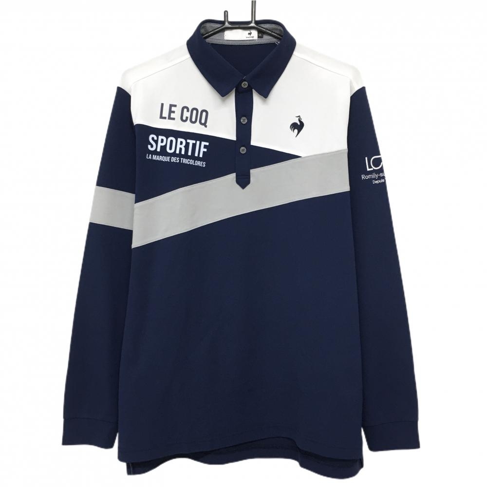 ルコックゴルフ 長袖ポロシャツ ネイビー×白×グレー 胸ロゴ  メンズ LL ゴルフウェア le coq sportif
