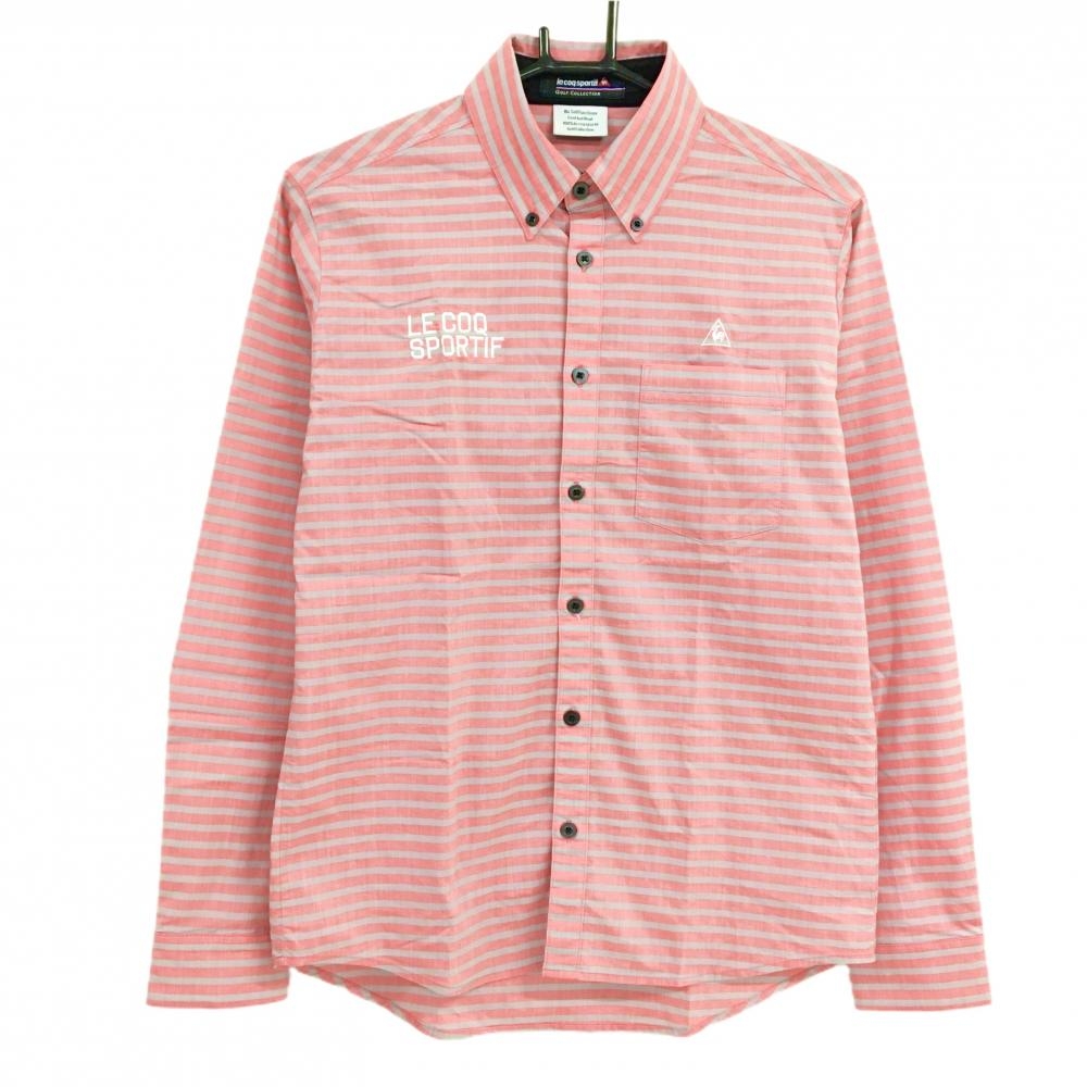 【超美品】ルコックゴルフ 長袖シャツ ピンク×ライトグレー ボーダー コットン混 ボタンダウン メンズ M ゴルフウェア le coq sportif