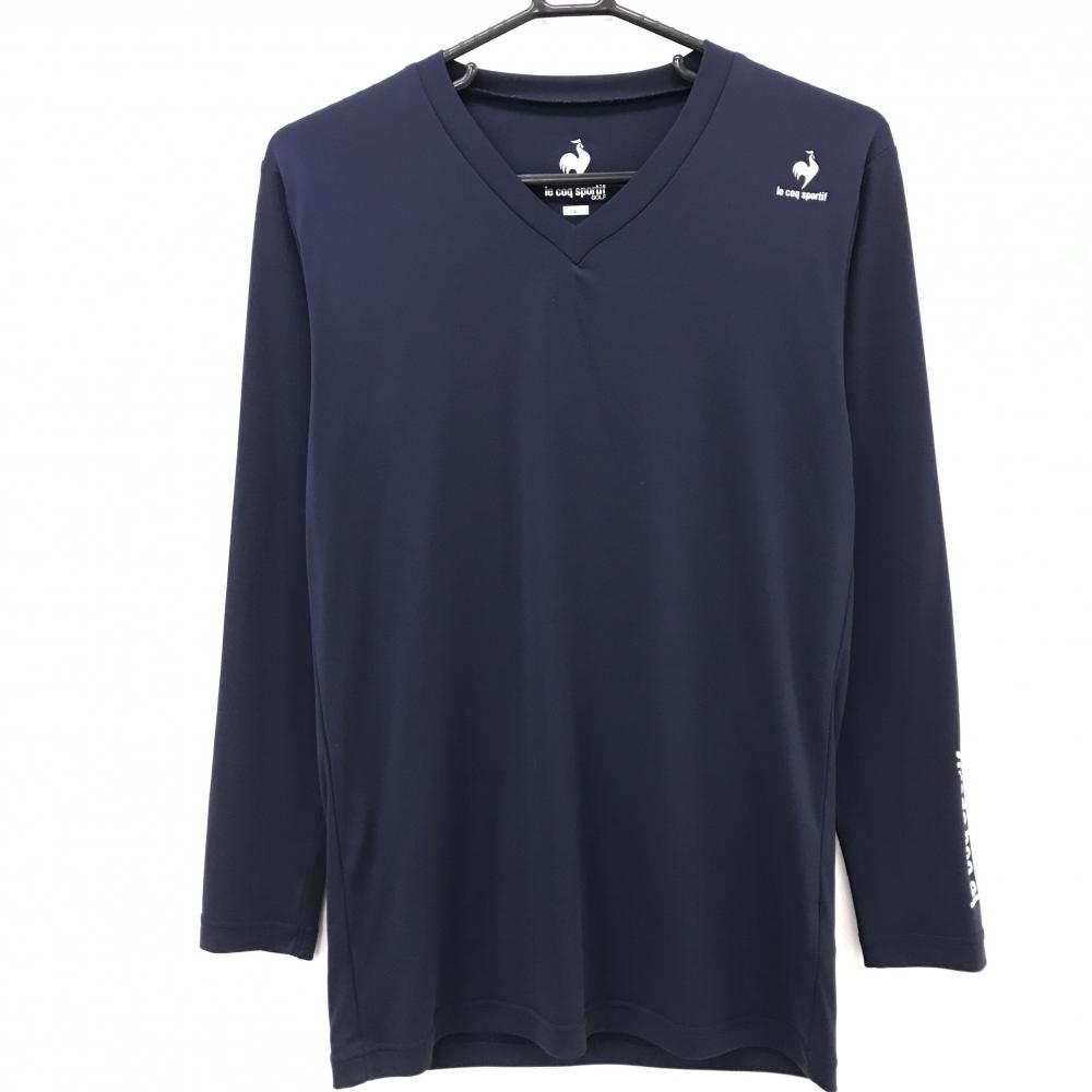 【超美品】ルコックゴルフ インナーシャツ ネイビー ストレッチ 袖ロゴ Vネック メンズ L ゴルフウェア le coq sportif
