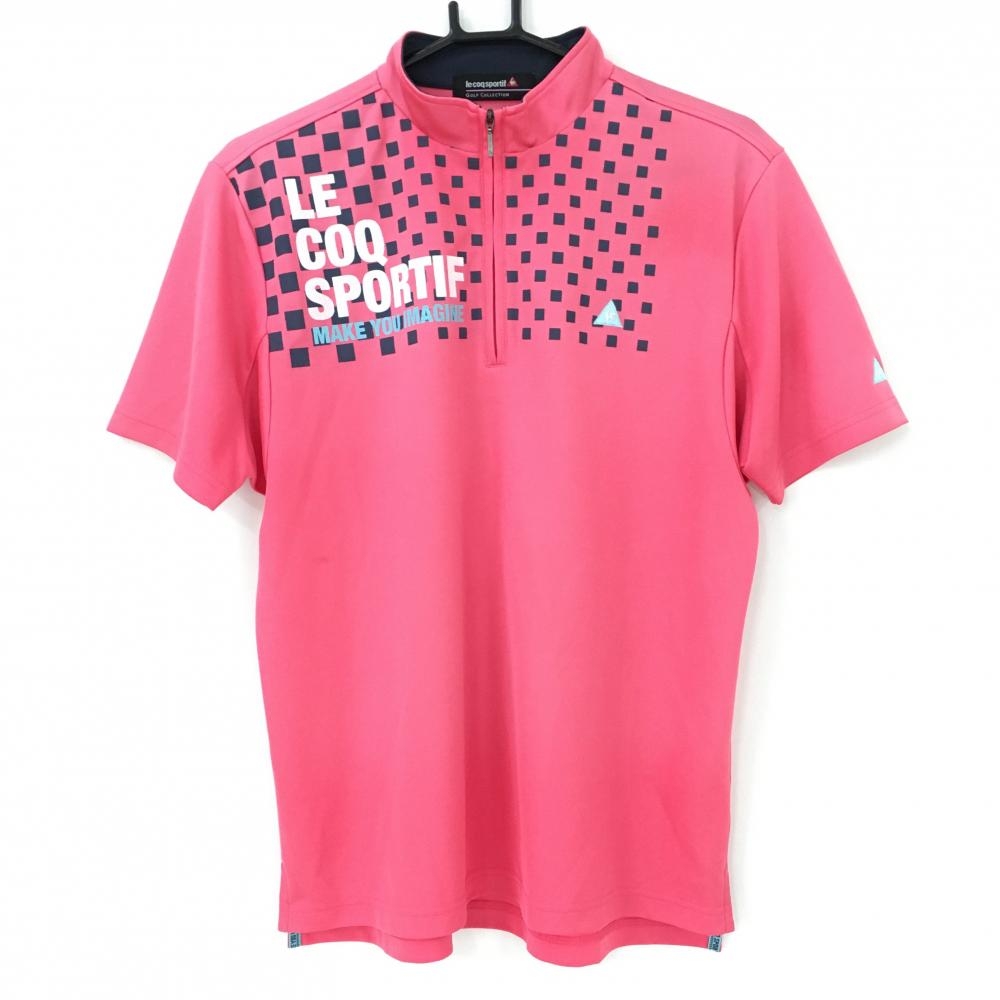 ルコック 半袖ハイネックシャツ ピンク×ネイビー 一部ブロック柄 ハーフジップ  メンズ M ゴルフウェア le coq sportif