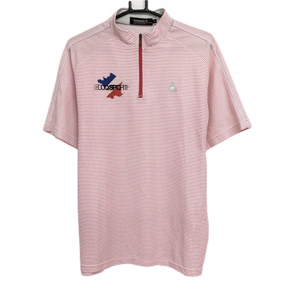 ルコック 半袖ハイネックシャツ 白×レッド ボーダー柄 総柄 織生地 ロゴ刺しゅう ハーフジップ メンズ LL ゴルフウェア le coq sportif