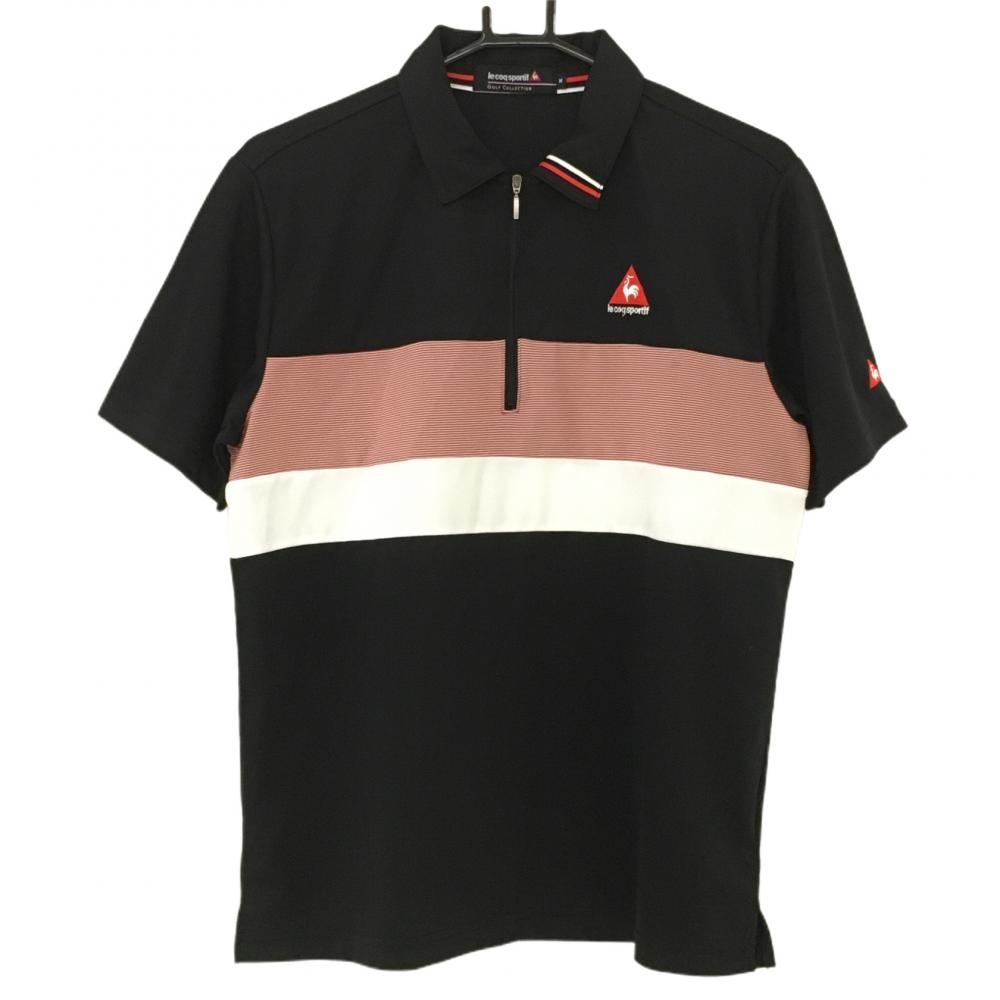 【美品】ルコック 半袖ハイネックシャツ 黒×レッド 胸元ボーダー ハーフジップ メンズ M ゴルフウェア le coq sportif