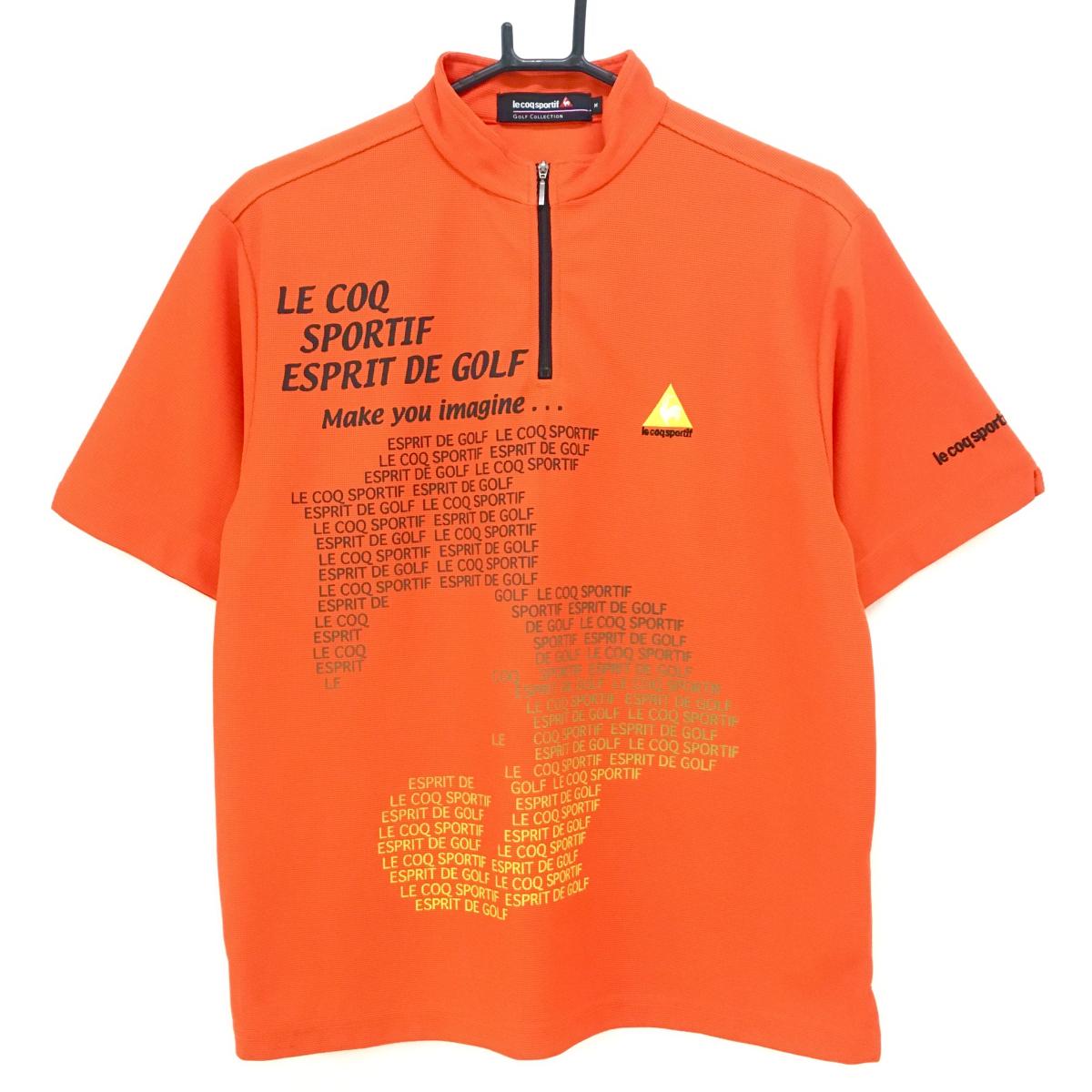 【美品】ルコック 半袖ハイネックシャツ オレンジ 織生地 前面英字プリント メンズ M ゴルフウェア le coq sportif