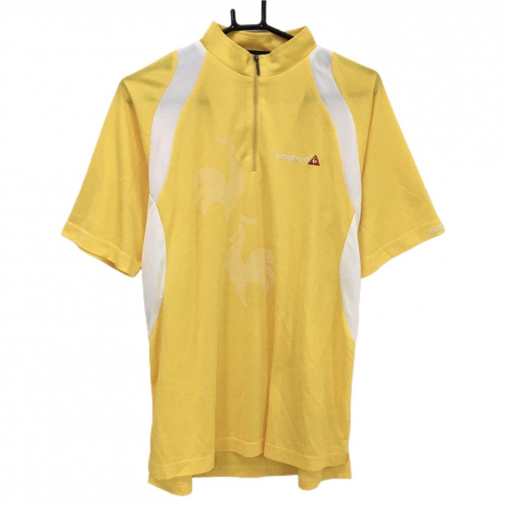 ルコック 半袖ハイネックシャツ イエロー×白 織生地 胸ロゴ刺しゅう ハーフジップ メンズ S ゴルフウェア le coq sportif