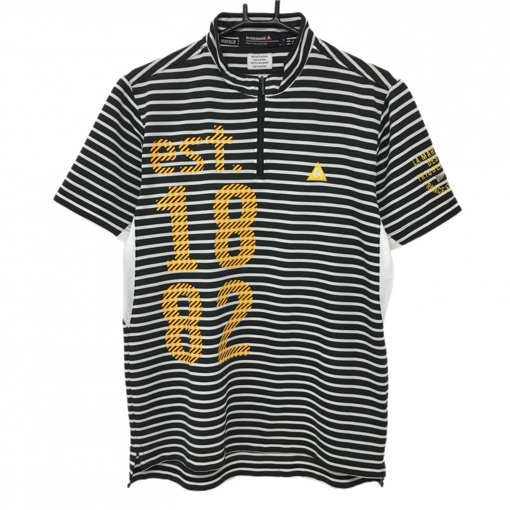 【美品】ルコック 半袖ハイネックシャツ 黒×白 ボーダー ハーフジップ  メンズ L ゴルフウェア le coq sportif