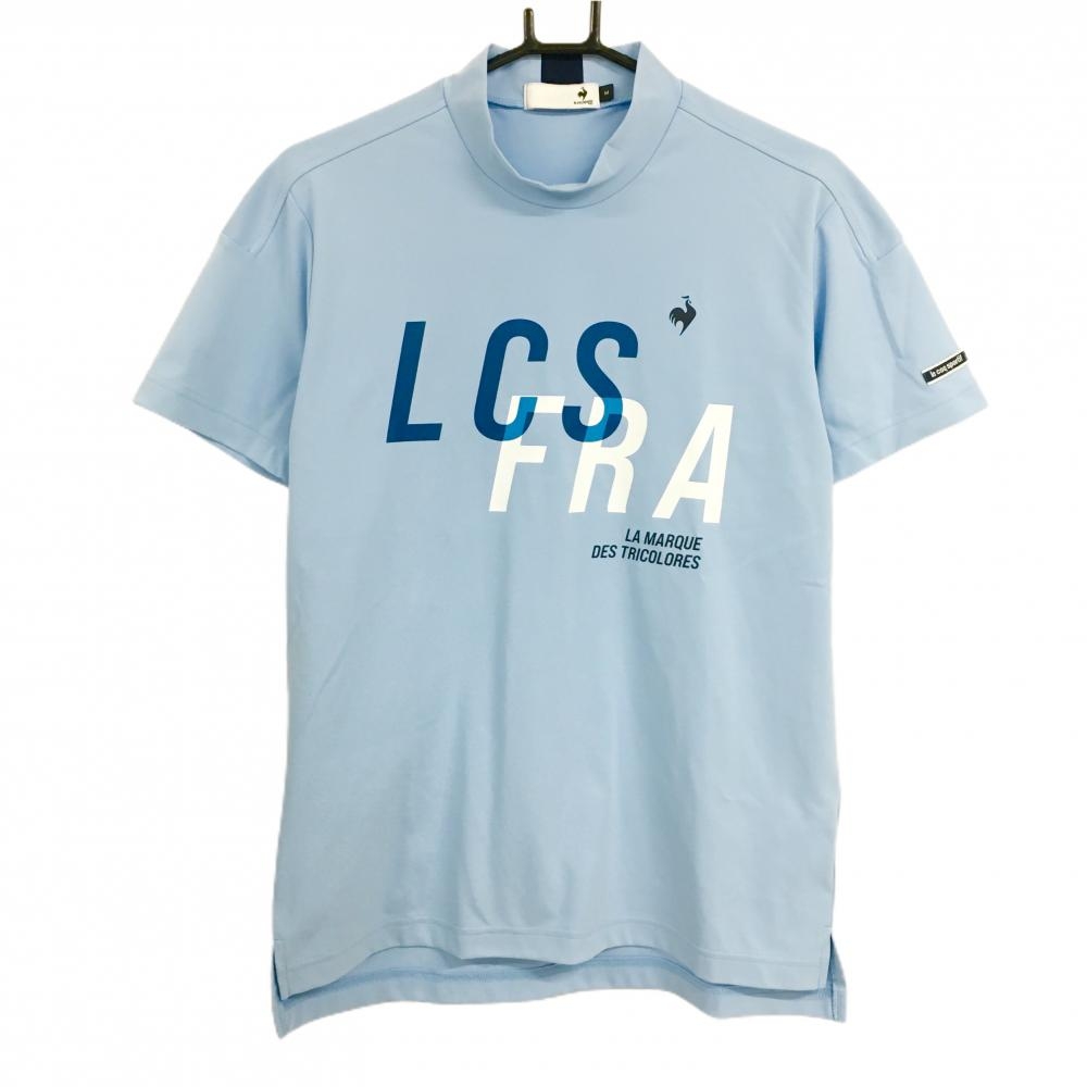 【超美品】ルコック 半袖ハイネックシャツ ライトブルー ロゴプリント ストレッチ メンズ M ゴルフウェア le coq sportif