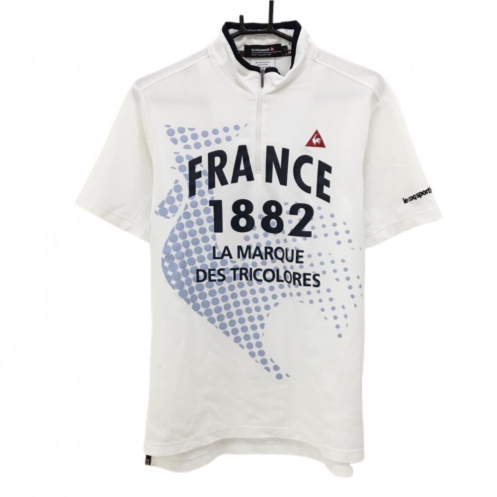 【美品】ルコックゴルフ 半袖ハイネックシャツ 白×ネイビー フロントプリント ハーフジップ メンズ L ゴルフウェア le coq sportif