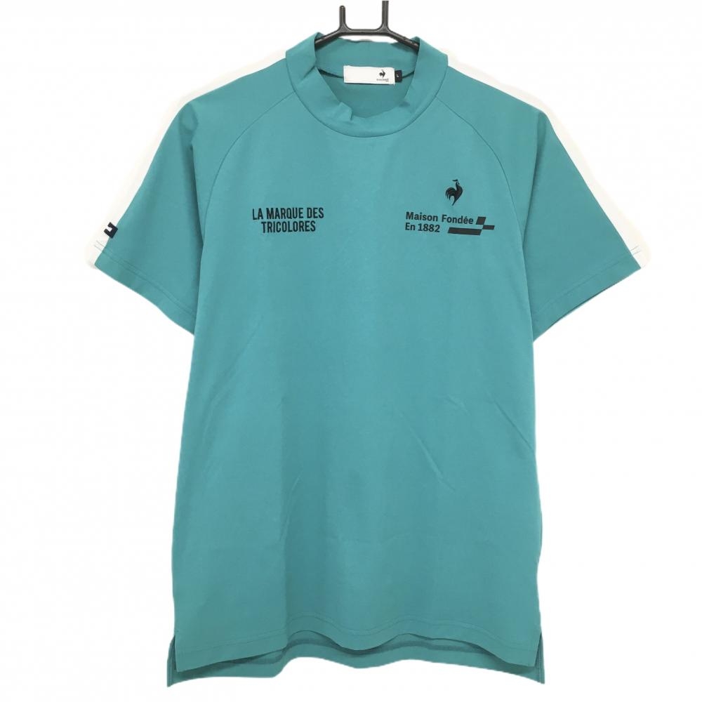 【超美品】ルコックゴルフ 半袖ハイネックシャツ ブルーグリーン×白 袖白ライン メンズ L ゴルフウェア 2023年モデル le coq sportif