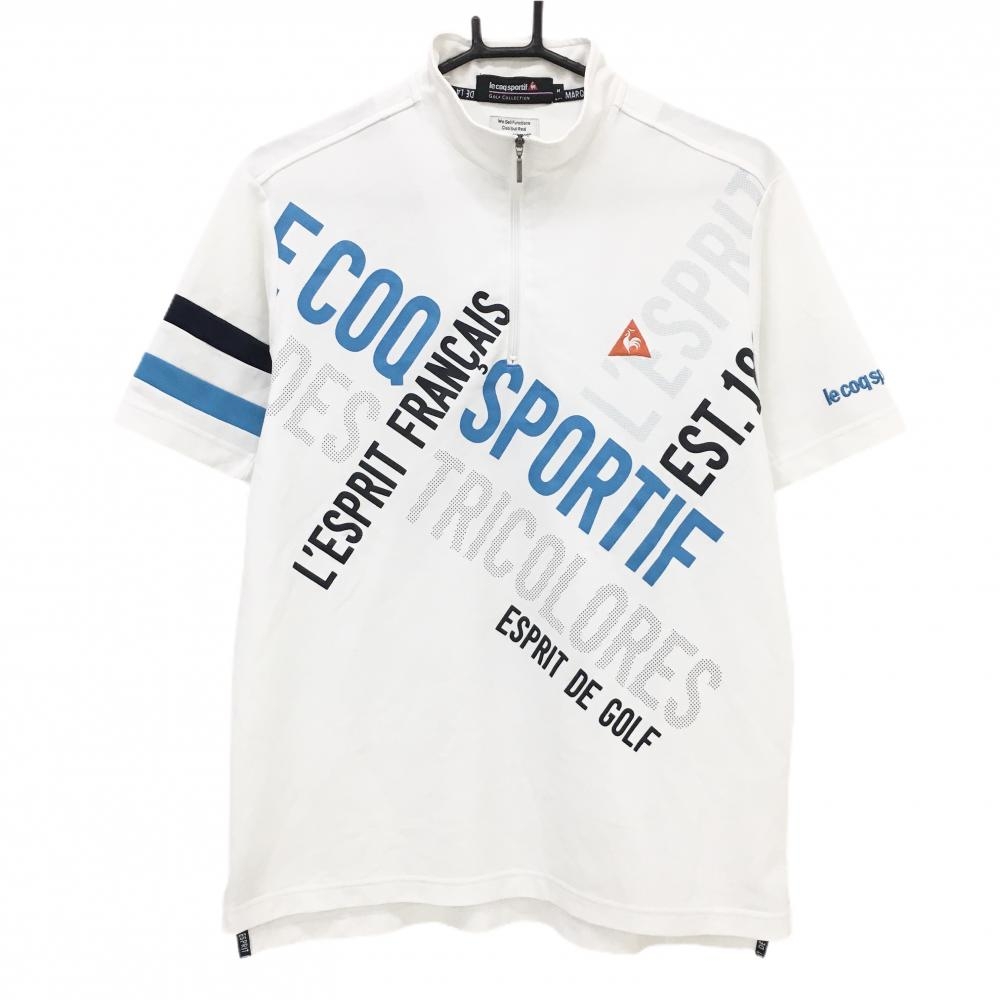 ルコックゴルフ 半袖ハイネックシャツ 白×ネイビー×ライトブルー系 ハーフジップ 　 メンズ M ゴルフウェア le coq sportif