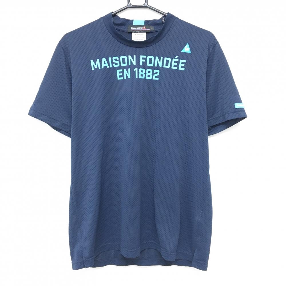 【超美品】ルコックゴルフ 半袖ハイネックシャツ ネイビー×ライトブルー メッシュ風 ロゴ刺しゅう メンズ LL ゴルフウェア le coq sportif