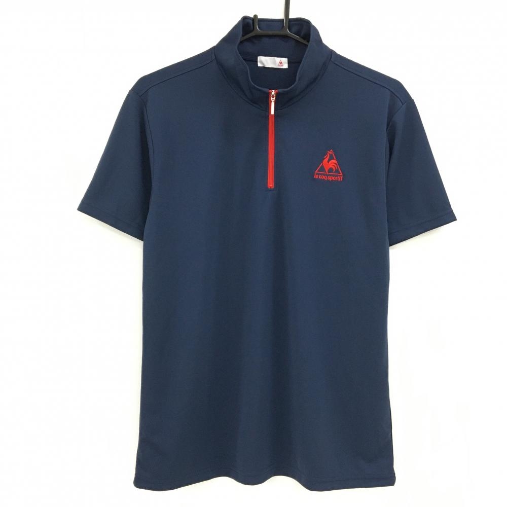 【超美品】ルコック 半袖ハイネックシャツ ネイビー×レッド ハーフジップ  メンズ L ゴルフウェア le coq sportif