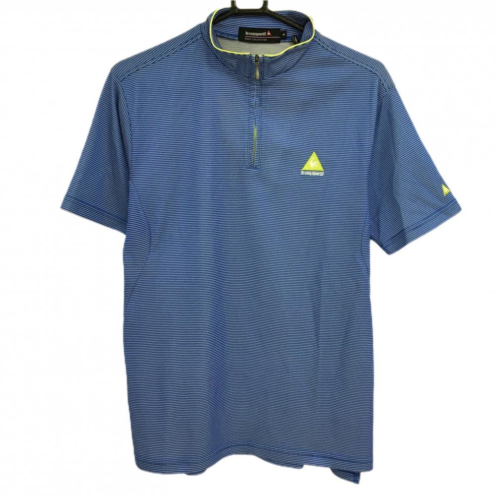 【超美品】ルコックゴルフ 半袖ハイネックシャツ ブルー×白 織生地 ハーフジップ メンズ M ゴルフウェア le coq sportif