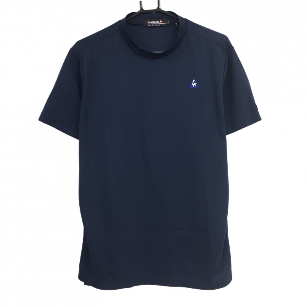 【美品】ルコックゴルフ 半袖ハイネックシャツ ネイビー ロゴ刺しゅう 袖シリコンワッペン  メンズ LL ゴルフウェア le coq sportif