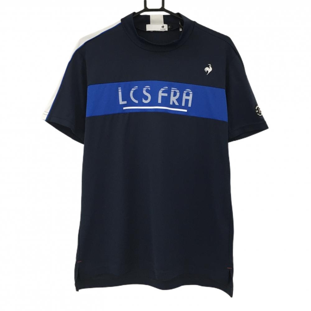 【美品】ルコックゴルフ 半袖ハイネックシャツ ネイビー×ブルー×白 胸ロゴ メンズ LL ゴルフウェア 2024年モデル le coq sportif