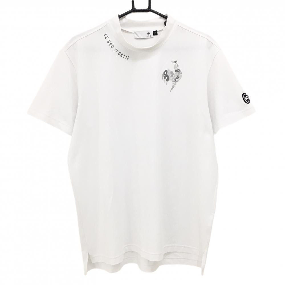 【美品】ルコックゴルフ 半袖ハイネックシャツ 白 ロゴグレー メンズ LL ゴルフウェア le coq sportif