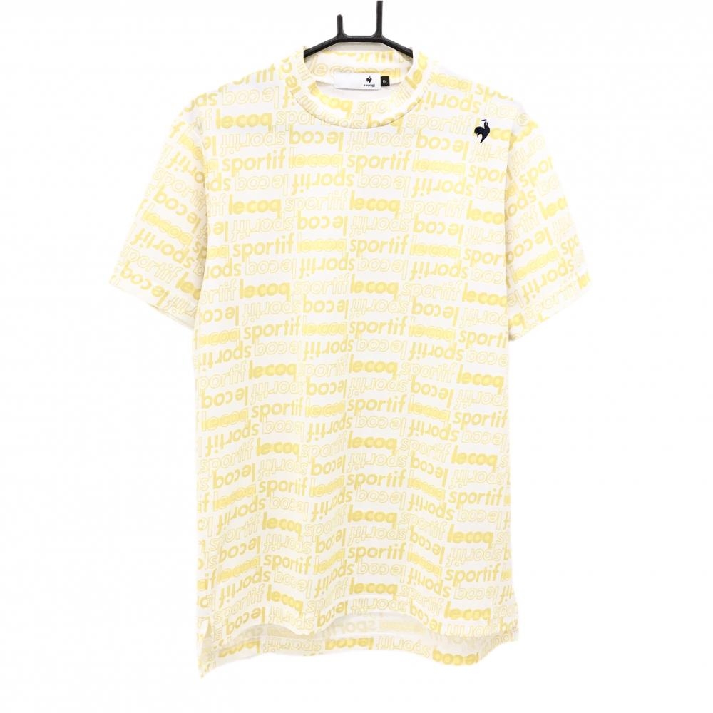 【超美品】ルコックゴルフ 半袖ハイネックシャツ 白×スモーキーイエロー 英字ロゴ総柄  メンズ LL ゴルフウェア le coq sportif