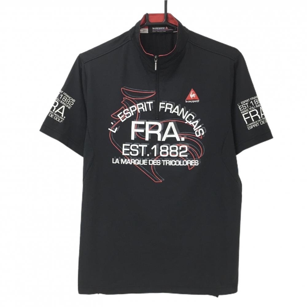 【超美品】ルコックゴルフ 半袖ハイネックシャツ 黒×白 フロントプリント ハーフジップ メンズ M ゴルフウェア le coq sportif