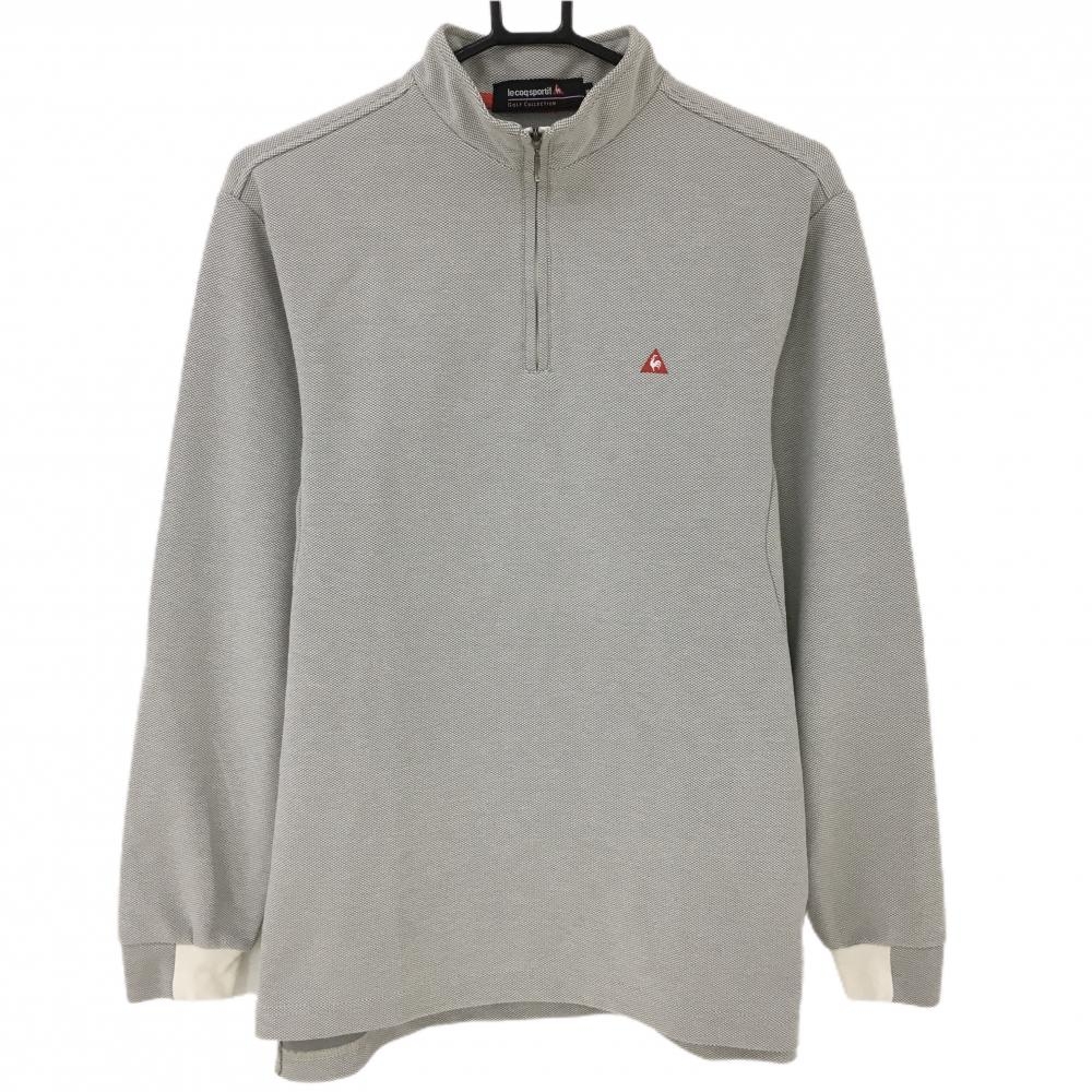 【超美品】ルコック 長袖ハイネックシャツ グレー×白 地模様 ハーフジップ ロゴ刺しゅう メンズ M ゴルフウェア le coq sportif