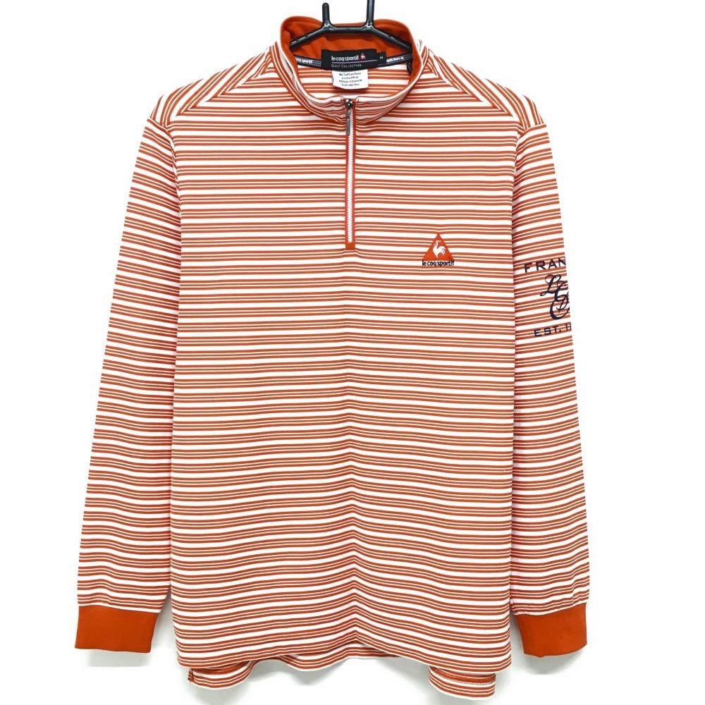 【美品】ルコックゴルフ 長袖ハイネックシャツ 白×オレンジ ボーダー ハーフジップ  メンズ M ゴルフウェア le coq sportif