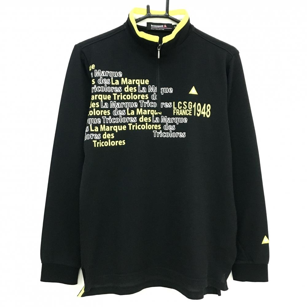 【超美品】ルコックゴルフ 長袖ハイネックシャツ 黒×イエロー 胸元英字 ハーフジップ  メンズ M ゴルフウェア le coq sportif