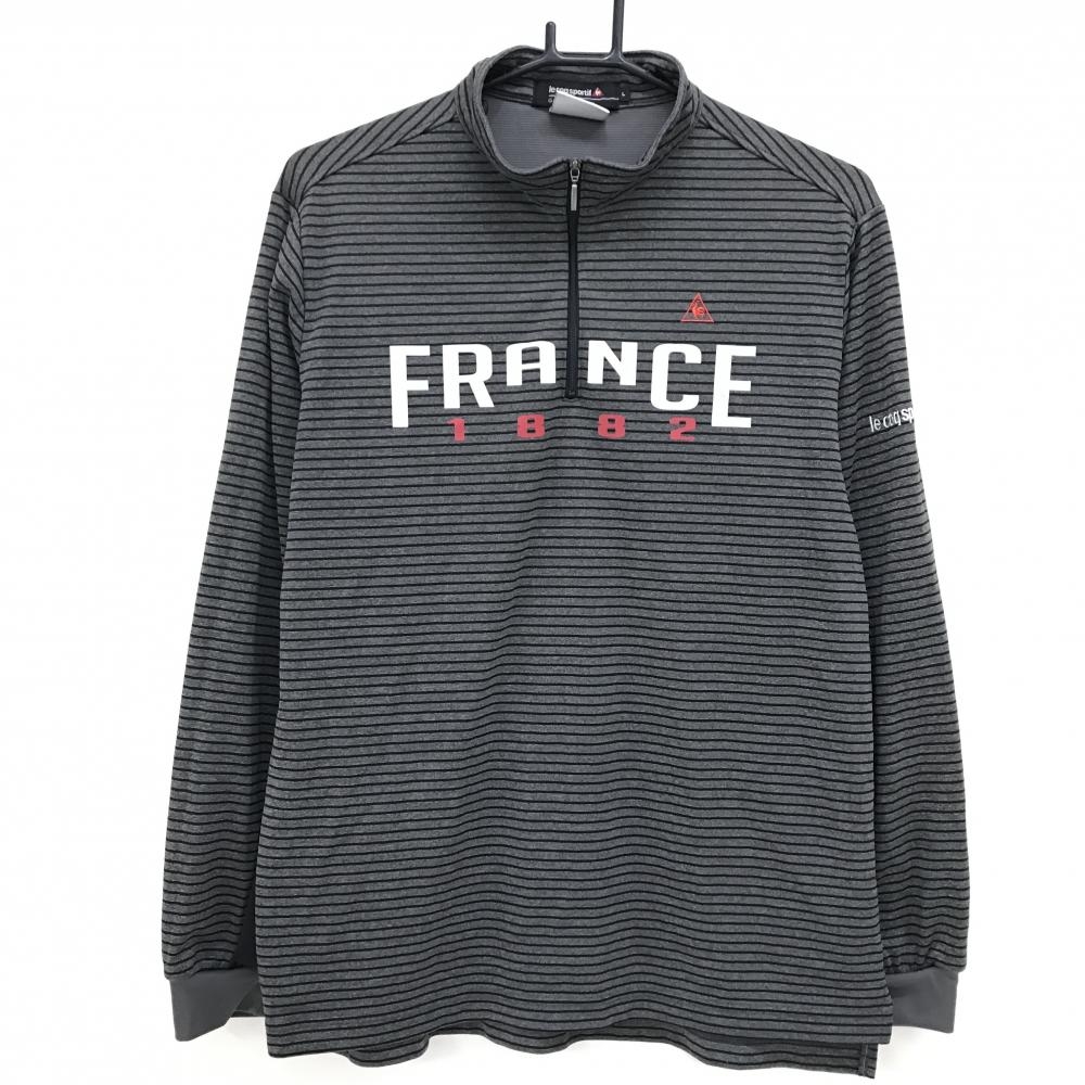 【超美品】ルコックゴルフ 長袖ハイネックシャツ グレー×黒 ボーダー ハーフジップ メンズ L ゴルフウェア le coq sportif