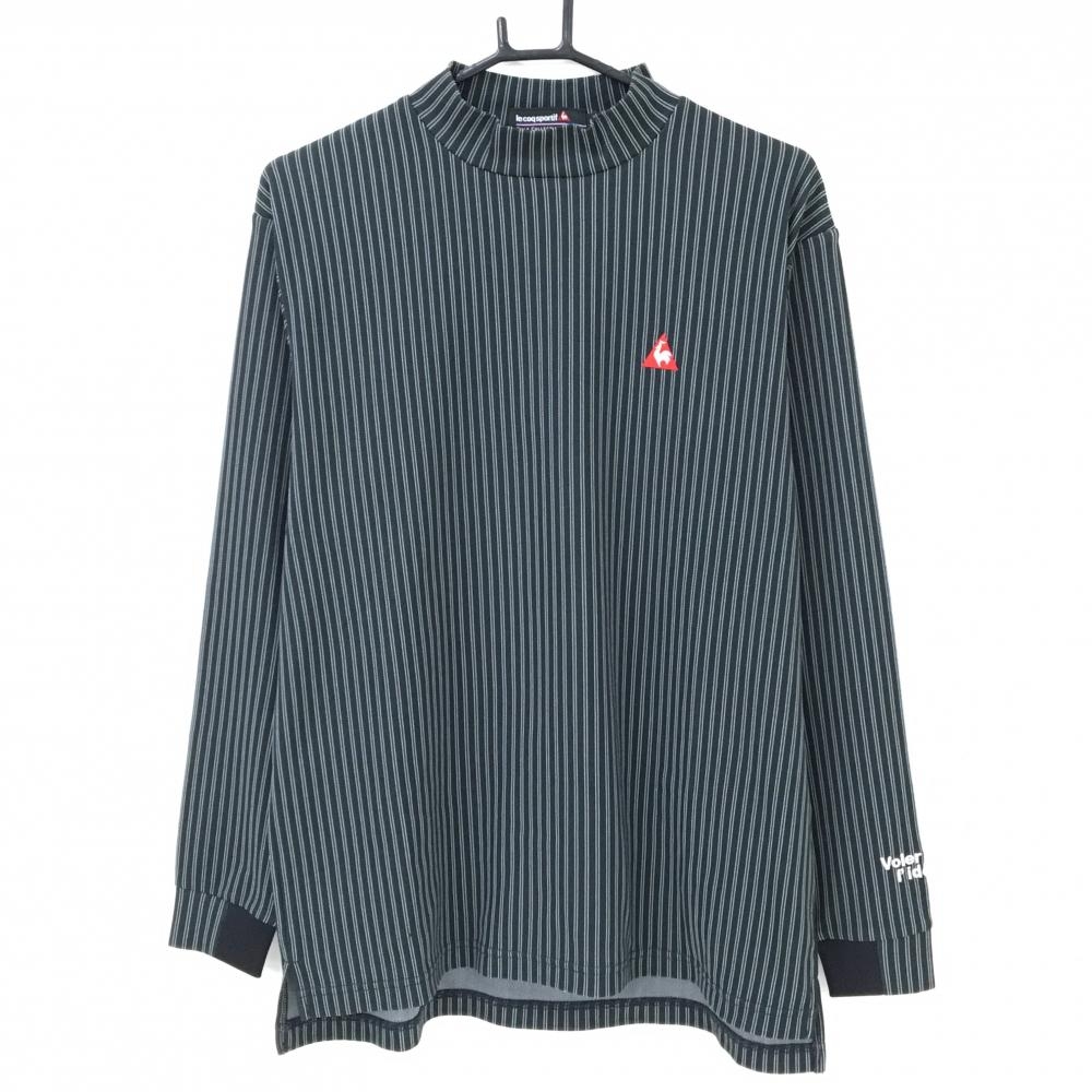 【美品】ルコックゴルフ 長袖ハイネックシャツ 黒×白系 ストライプ ロゴ刺しゅう  メンズ L ゴルフウェア le coq sportif