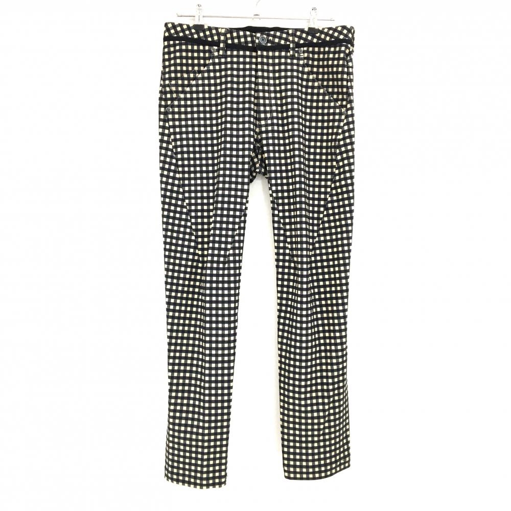 【美品】ルコックゴルフ パンツ ライトベージュ系×黒 チェック柄 バックロゴ刺しゅう ストレッチ メンズ 82 ゴルフウェア le coq sportif