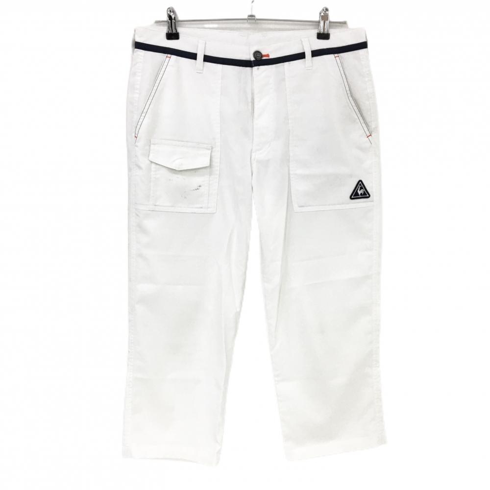 ルコックゴルフ 七分丈パンツ 白×ネイビー ストライプ調地模様 ロゴワッペン  メンズ 82 ゴルフウェア le coq sportif