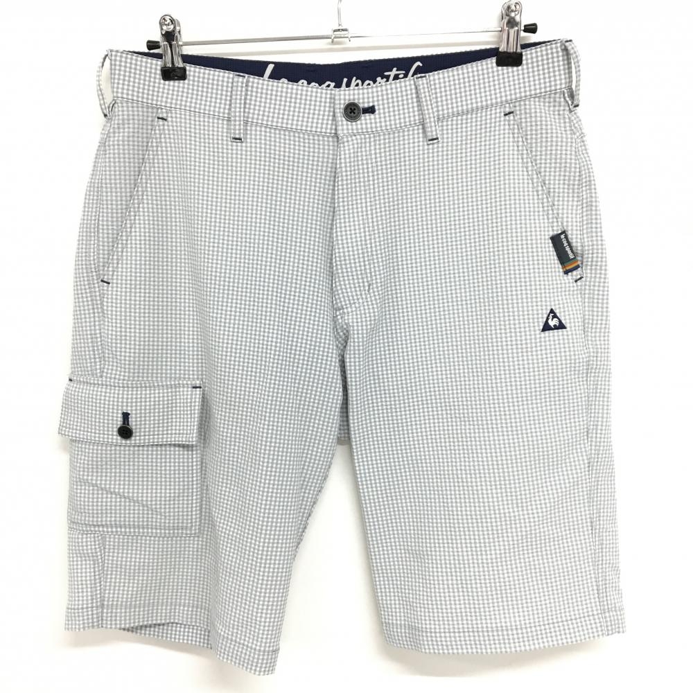 【美品】ルコックゴルフ ハーフパンツ グレー×白 サッカー生地 ロゴ刺しゅう メンズ 85 ゴルフウェア le coq sportif