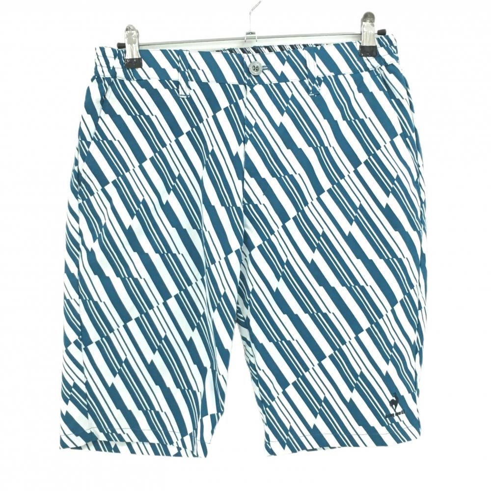 【超美品】ルコックゴルフ ハーフパンツ 白×ブルーグリーン系 総柄 ウエストサイドゴム メンズ L ゴルフウェア le coq sportif