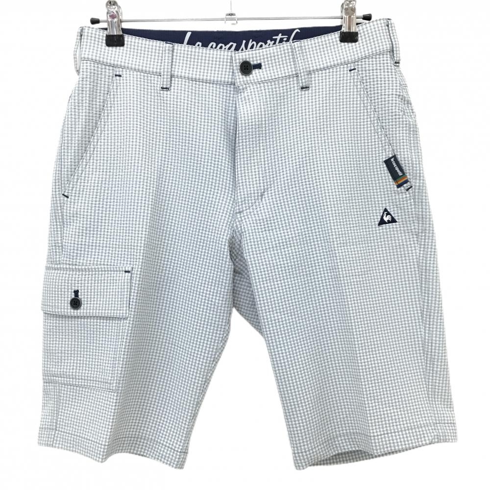 【超美品】ルコックゴルフ ハーフパンツ ライトグレー×白 チェック サッカー生地 メンズ 79 ゴルフウェア le coq sportif