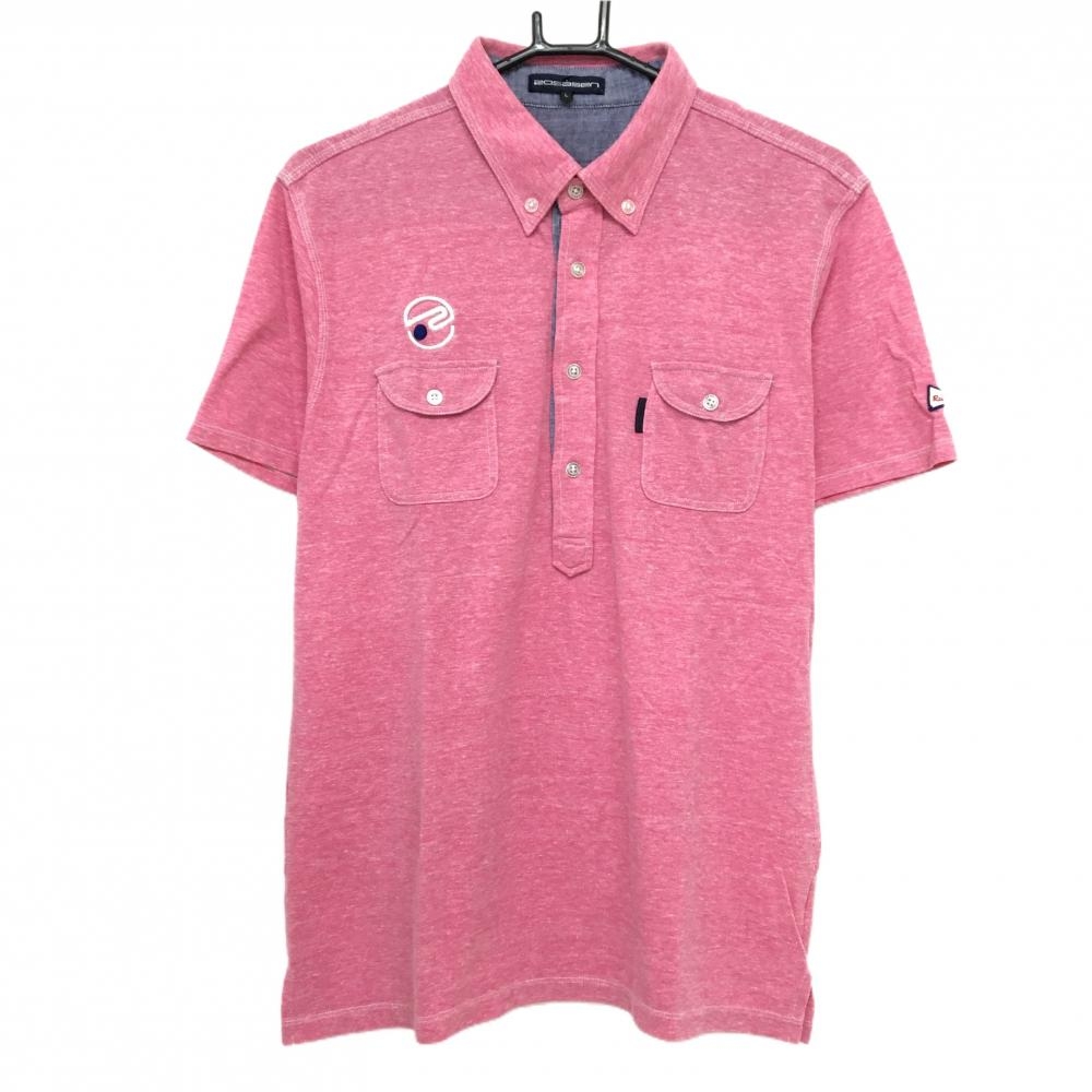 【美品】ロサーセン 半袖ポロシャツ 杢ピンク ボタンダウン 胸ポケット メンズ L ゴルフウェア Rosasen