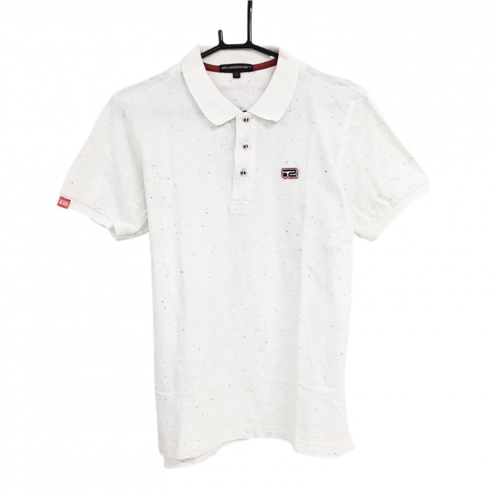 【超美品】ロサーセン 半袖ポロシャツ 白×マルチカラー 地模様 胸元ワッペン メンズ L ゴルフウェア Rosasen