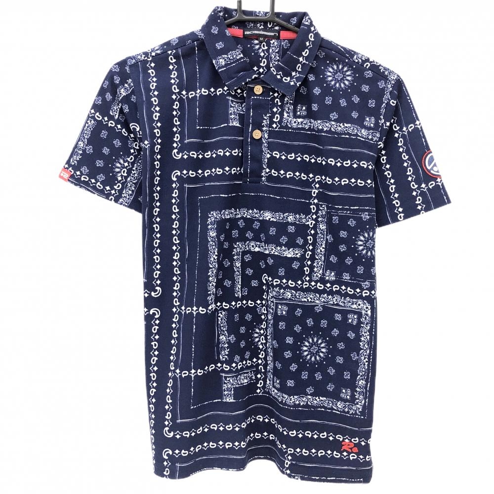 【超美品】ロサーセン 半袖ポロシャツ ネイビー×白 総柄 袖ロゴワッペン メンズ M ゴルフウェア Rosasen