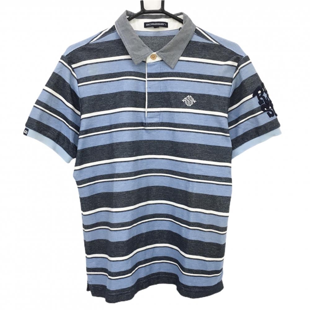 ロサーセン 半袖ポロシャツ ライトブルー×ネイビー ボーダー メンズ L ゴルフウェア Rosasen